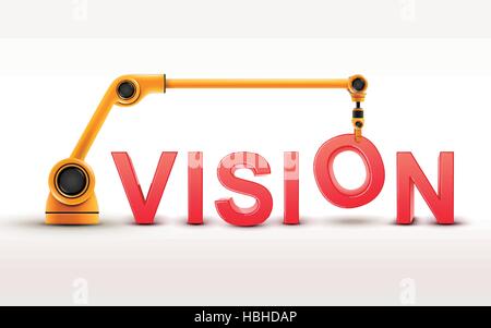 industrial robotic arm building VISION word on white background Stock Vector