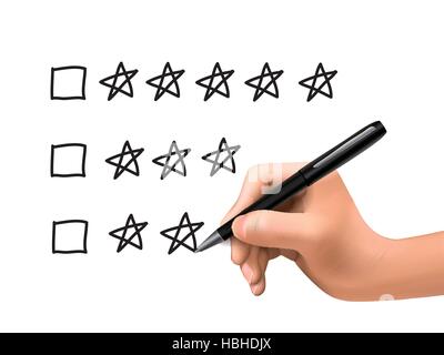 five star rating drawn by 3d hand over white background Stock Vector