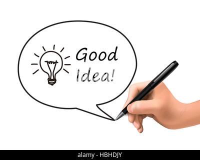 good idea words with lighting bulb in speech bubble written by 3d hand Stock Vector