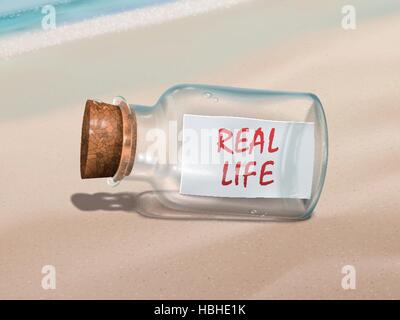 real life message in a bottle isolated on beautiful beach Stock Vector