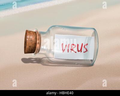 virus message in a bottle isolated on beautiful beach Stock Vector
