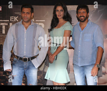 Bollywood actors Salman Khan Katrina Kaif Kabir Khan strikes during launch first song of upcoming film Ek Tha Tiger Mumbai Stock Photo