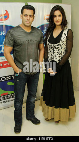 Bollywood actor Salman Khan and Katrina Kaif promote for their upcoming film Ek Tha Tiger on the sets of Indian Idol Mumbai Stock Photo