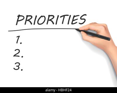 priorities word written by hand on a white board Stock Vector