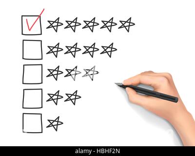hand putting check mark with pen on five star rating Stock Vector