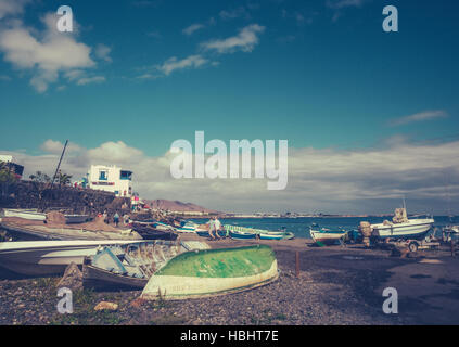 Boats in Playa Blanca harbor Stock Photo