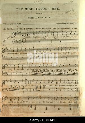 Sheet music cover image of the song 'The Mischevious [sic] Bee', with original authorship notes reading 'Written by R Siddons Composed by M Kelley', United States, 1900. The publisher is listed as 'J. Hewitt's Musical Repository and Library, No. 58 1/2 Newbury Street', the form of composition is 'strophic', the instrumentation is 'piano and voice', the first line reads 'Little Cupid one day o'er a myrtle bough stray'd and among the sweet blossoms he wantonly play'd', and the illustration artist is listed as 'None'. Stock Photo