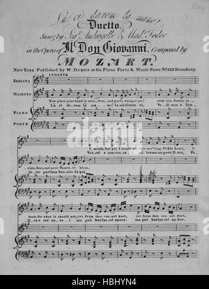 Sheet music cover image of the song 'La ci darem la mano! Duetto [Italian and English]', with original authorship notes reading 'Composed by Mozart', United States, 1900. The publisher is listed as 'W. Dubois at his PIano Forte and Music Store, No. 126 Broadway', the form of composition is 'sectional', the instrumentation is 'piano and voice', the first line reads 'I would, but yet I would not this wav'ring fickle heart', and the illustration artist is listed as 'None'. Stock Photo