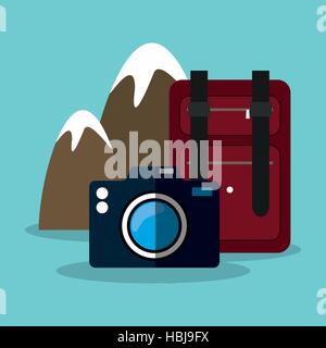 snowy mountain baggage photo camera vector illustration eps 10 Stock Vector