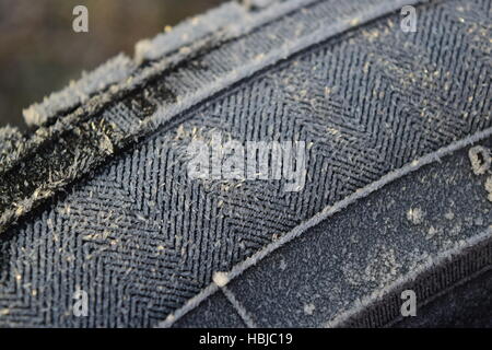 Hoarfrost on a rubber tire wheel Stock Photo