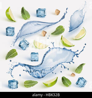 Fresh lime, mint and ice cubes. Stock Photo