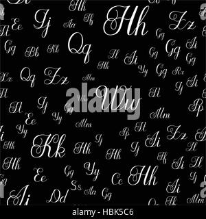 Vector pattern with hand written alfabet. Calligraphy white font on the black backdrop. Hand drawn letters seamless background. Uppercase and lowercas Stock Vector