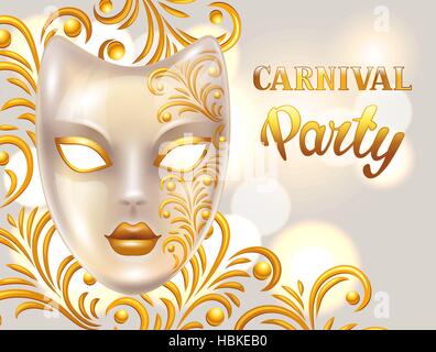 Carnival invitation card with venetian mask decorated golden ornaments. Celebration party background Stock Vector