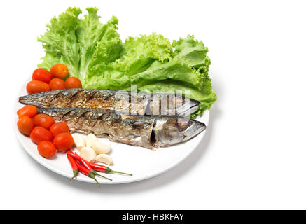 grill fish seafood on dish serve with vegetable on white background Stock Photo