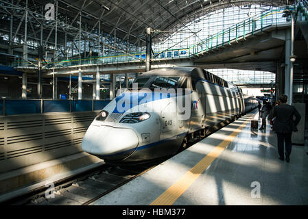 Gwangmyeong-si, South Korea - November 2, 2016: High-speed bullet trains (KTX) and Korail trains stop at the Seoul station in South Korea. Stock Photo
