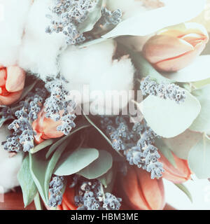 Bouquet of tulips, eucalyptus, lavender Stock Photo