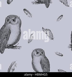 Hand drawn isolated  black white seamless pattern owl fly bird. Stock Photo