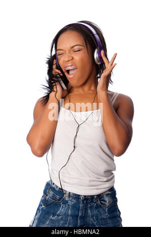 Singing along while listening to music Stock Photo