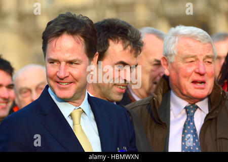 Nick Clegg MP, Tom Brake and Paddy Ashdown (LibDem) at an event on College Green, Westminster.... Stock Photo