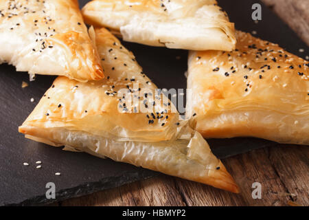 Freshly baked filo pastry with chicken, spinach and cheese close-up on the table. horizontal Stock Photo