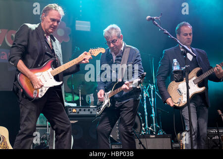 Rick Fenn, Graham Gouldman and Mick Wilson of 10cc performing at Wychwood Festival, Cheltenham, England, UK, June 4, 2016 Stock Photo