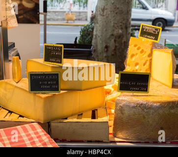 In Sanary Sur Le Mer, different cheeses for sale on Market day Stock Photo