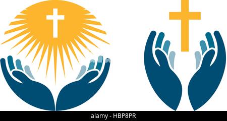 Hands holding Cross, icons or symbols. Religion, Church vector logo Stock Vector