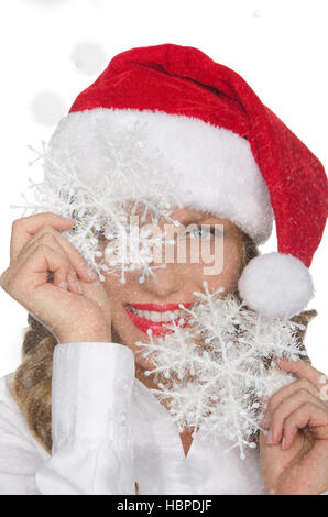happy woman in santa hat and sunglasses lying on sand beach Stock Photo ...