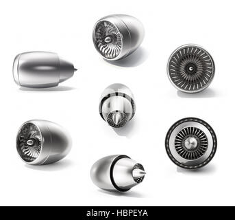 3d rendering turbines set, jet engine set isolated on white background. Technology aircraft, engine power, blade and fan. Stock Photo