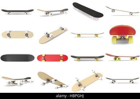 3d rendering collection, group, set of skateboards isolated on white bakcgorund. Photorealistic skateboard template Stock Photo