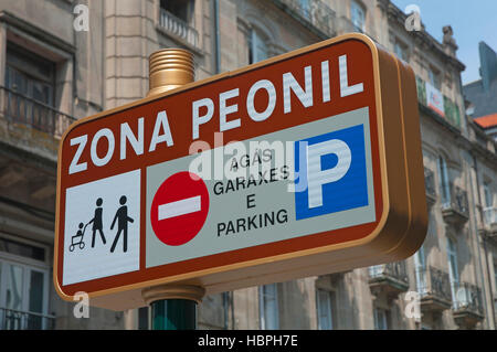 Urban signage in pedestrian street, Orense, Region of Galicia, Spain, Europe Stock Photo