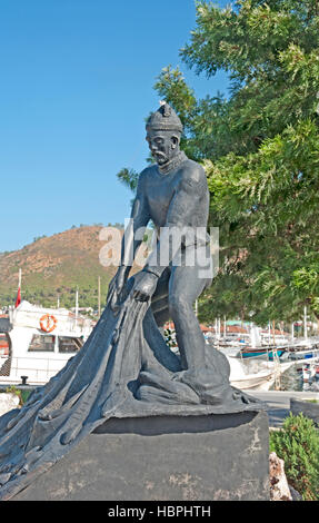 Bronze statue of a fisherman in the man made waterfall, Marmaris