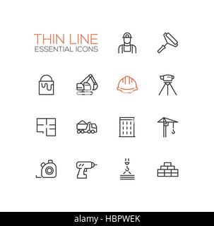 Construction - Thin Single Line Icons Set Stock Vector