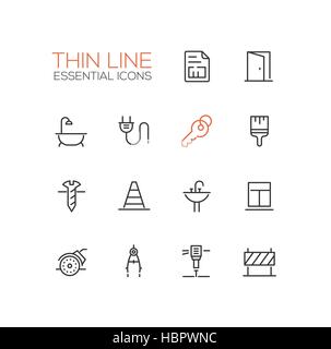 Home, Road Repair - Thin Line Icons Set Stock Vector