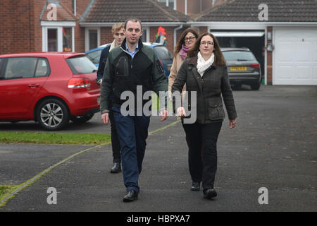 Conservative candidate Dr Caroline Johnson (right) in Quarrington, Lincolnshire whilst campaigning for the Sleaford and North Hykeham by-election with Conservative MP for Boston and Skegness Matt Warman (left). Stock Photo