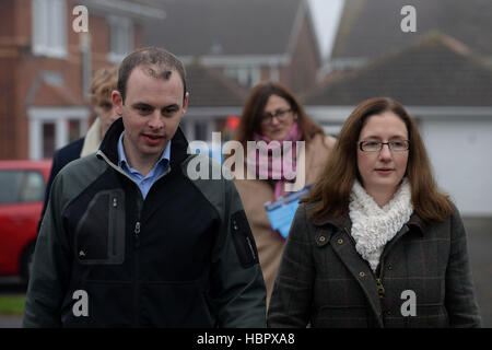 Conservative candidate Dr Caroline Johnson in Quarrington, Lincolnshire whilst campaigning for the Sleaford and North Hykeham by-election with Conservative MP for Boston and Skegness Matt Warman (left). Stock Photo