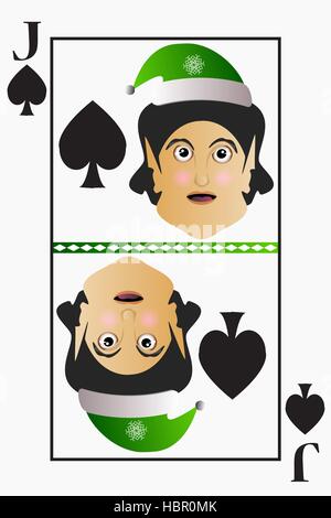 Vector elf simple easy Christmas Jack playing card suit spades on a white background editable detachable. Stock Vector