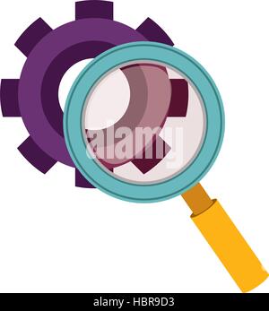 purple silhouette gear wheel and magnifying glass Stock Vector