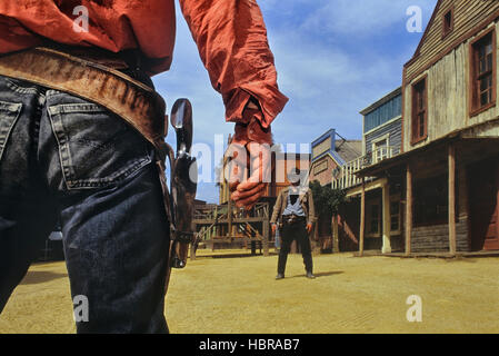 Cowboy pistol duel at Texas Hollywood/Fort Bravo western-styled theme park.  Almeria. Spain Stock Photo