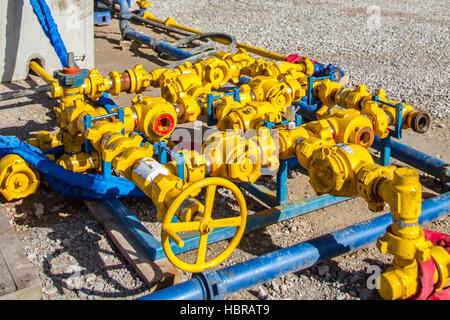 Weir Fracking Pumps, Motor operated valves, temperature and volume flow sensors, at Cuadrilla Resources drilling equipment at Shale Gas Drill Site,   Blackpool, Lancashire, UK Stock Photo