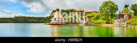 Temple at Ganga Talao. Mauritius. Panorama Stock Photo