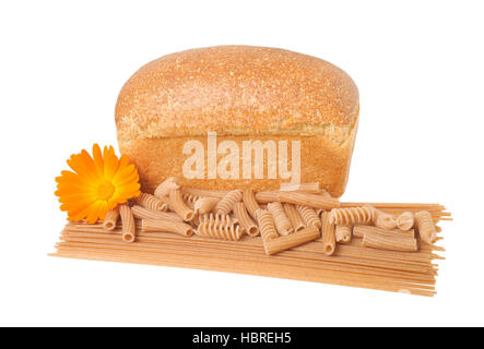 Pasta, bread and marigold isolated on white Stock Photo