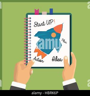 Businessman holding a notebook with a startup rocket Stock Vector