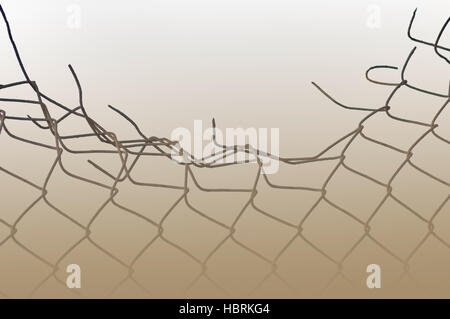 Grunge old aged weathered crushed rusty wire security fence, large detailed isolated horizontal macro closeup sepia background, blank empty copy space Stock Photo