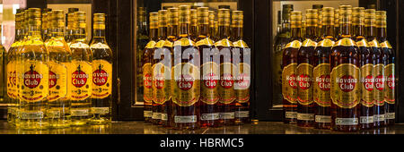 Close-up of bottles of Havana Club rum positioned on a bar in the heart of Havana, Cuba. Stock Photo
