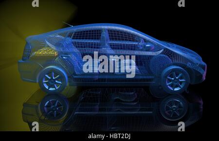 3d render of wire frame blue electric car . Side view Stock Photo