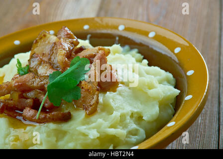 Burning Love  Brændende kærlighed - traditional Danish dish.mashed potatoes and fried bacon Stock Photo