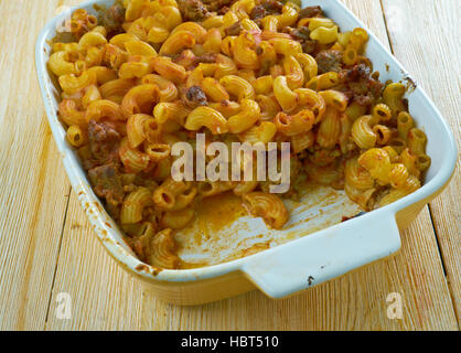 Johnny Marzetti Casserole. Midwestern Italian American pasta dish consisting of noodles, cheese, ground beef, and a tomato sauce Stock Photo