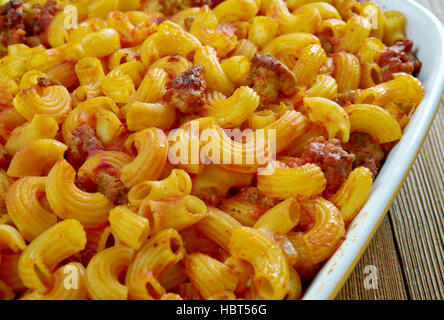 Johnny Marzetti Casserole. Midwestern Italian American pasta dish consisting of noodles, cheese, ground beef, and a tomato sauce Stock Photo