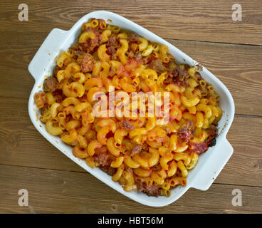 Johnny Marzetti Casserole. Midwestern Italian American pasta dish consisting of noodles, cheese, ground beef, and a tomato sauce Stock Photo